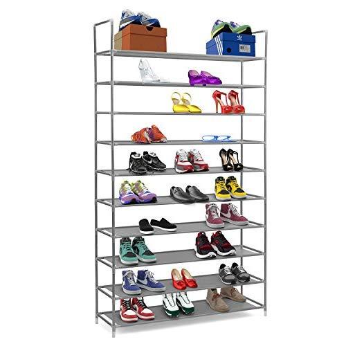 Halter 10 Tier Stackable Shoe Rack Storage Shelves - Stainless Steel Frame Holds 50 Pairs of Shoes - 39.125" X 11.125" X 69.5" - Gray