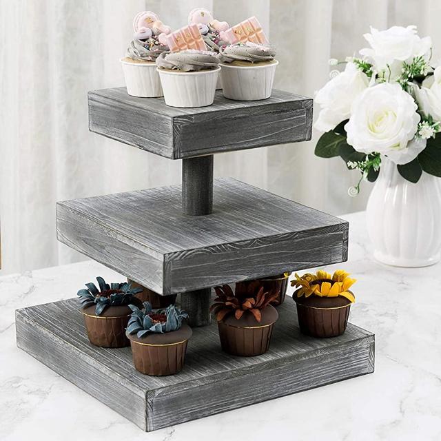 MyGift Gray Washed Wood Cupcake Stand, 3 Tiered Square Serving Tray, Desserts and Appetizer Display Riser