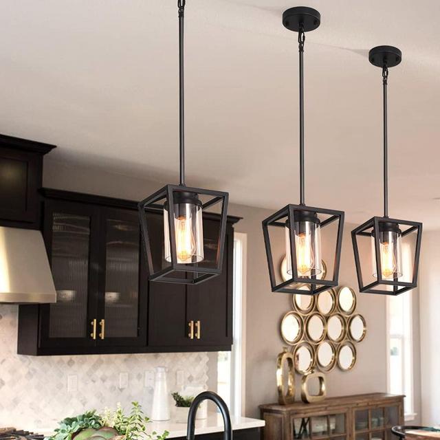 SGLfarmty Pendant Lighting for Kitchen Island, Cage Hanging Light Fixtures, Black Pendant Lights with Durable Glass Shade for Dining Room & Kitchen,Black