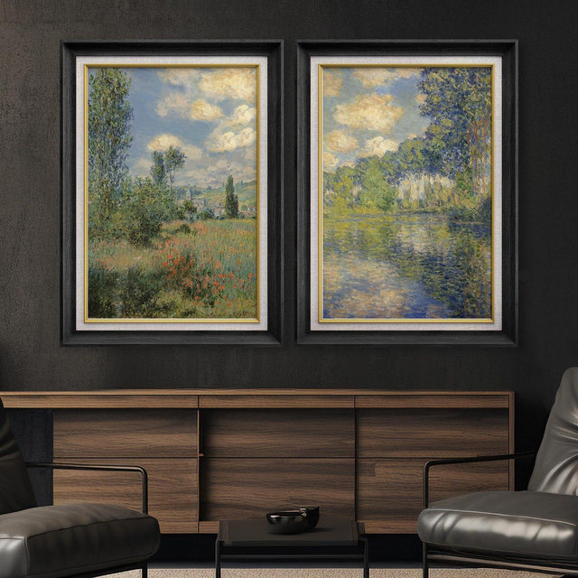 Set of 2 Premium Framed Art: Impressionist Landscape print-Claude Monet Vibrant River and Poppy Field on Premium Canvas with 26"x36" Frame