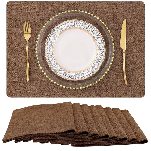 homing Cotton Linen Placemats Set of 8, Cloth Washable Farmhouse Dining Table Mats for Indoor, Outdoor, Easter, Easy to Clean, Brown, 13 x 19 Inch
