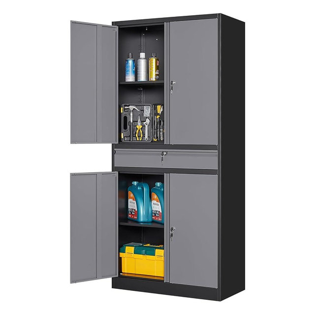 Yizosh Metal Garage Storage Cabinet with Locking Doors and Adjustable Shelves, 71" Steel Tool Storage Cabinet with 1 Drawer for Garage,Office,Warehouse (Gray Black)