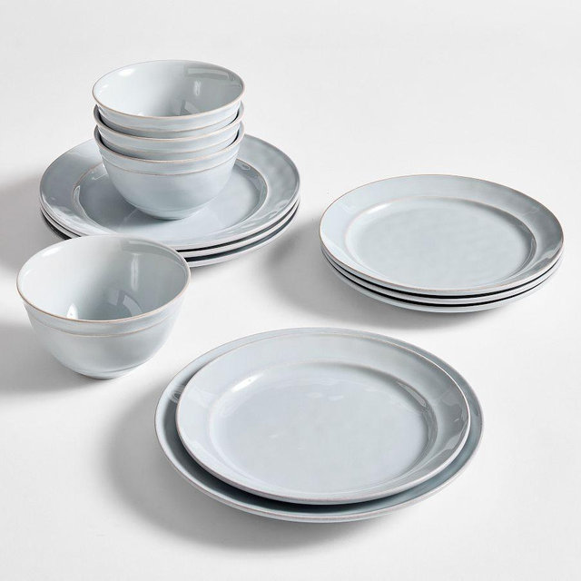 Cambria Stoneware 12-Piece Dinnerware Set, 10 3/4" Dinner Plate with Cereal Bowl - Chambray