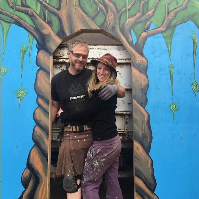 Messy shop magic...standing in the doorway to tree painted by art-buddy Jeff Harrison.