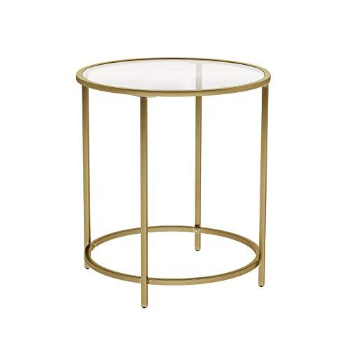 VASAGLE Round Side Table, Tempered Glass End Table with Golden Metal Frame, Small Coffee Table, Bedside Table, Living Room, Balcony, Robust and Stable, Decorative, Gold ULGT20G