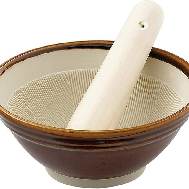 Japanese Mortar and Pestle - Suribachi Set - Wooden Pestle and Mortar for Crushing Sesame Seeds, Garlic and Herbs - Ceramic Mortar Bowl Herb Grinder