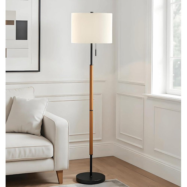 EMORLO 62" Brown Balck Floor Lamp for Living Room, 1200LM 3-Way Dimmable Wood Mid Century Floor Lamp for Bedroom Office, Wood Tall Lamp Linen Lampshade, LED Bulb Included