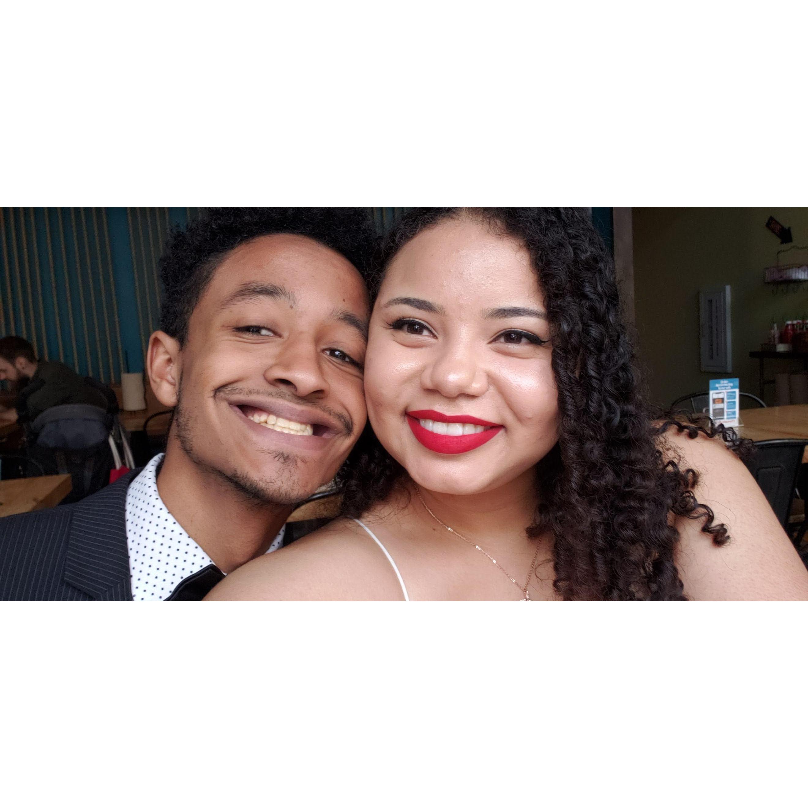 This was taken at the Caribbean restaurant "alaMar Kitchen & Bar" in Oakland, CA shortly after our civil ceremony!
