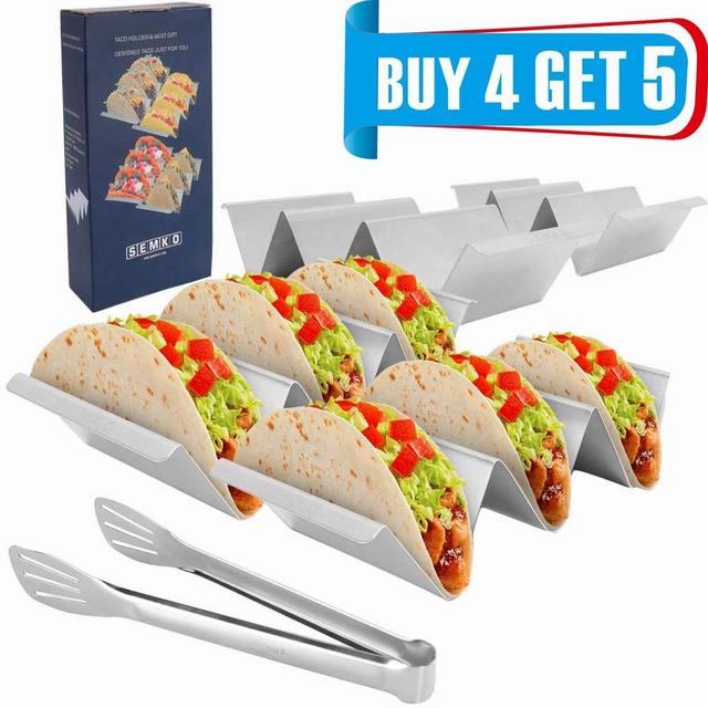 Taco Holder Stands, Set of 4 - Stainless Steel Taco Tray with Built-in Handle, Bonus Stainless Steel Clip -- 4’’ x 8’’ Safe for Oven, Dishwasher,Gift-ready Package for Party and Home Enjoying Time