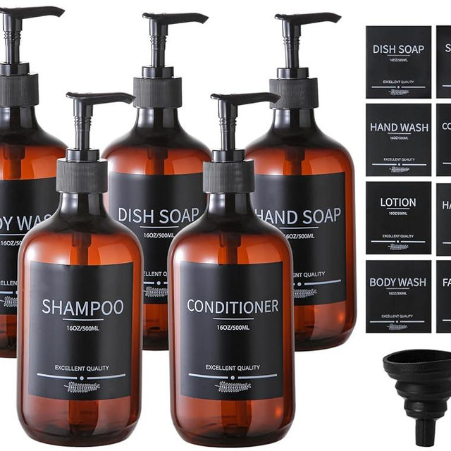 Mithrgrous 5Pack Amber Shower Bottles Refillable with Labels,16.9oz(500ml) Reusable Shampoo and Conditioner Bottles,Shampoo Dispenser Bottles,Shampoo and Conditioner Bottles