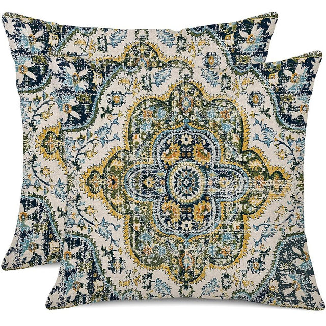 Gujiahone Outdoor Waterproof Pillow Covers - 18 x 18 Inch Set of 2 Bohemian Vintage Carpet Pattern Pillow Covers in Green and Blue Ethnic Design for Decorative Farmhouse, Couch, Garden, Balcony