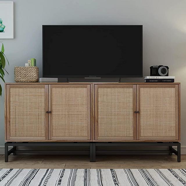 Pvillez Modern Sideboards Buffet Cabinet with Storage, Accent Storage Cabinet with Natural Rattan Doors, Rattan Cabinet for Living Room Bedroom Dining Room Entryway, Walnut, 2Pack