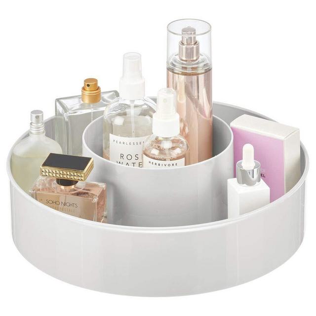 mDesign Plastic Spinning Lazy Susan Round Turntable Storage Tray - Rotating Organizer for Makeup, Cosmetics, Nail Polish, Vitamins, Shaving Kits, Hair Spray, Medical Supplies, First Aid - Light Gray