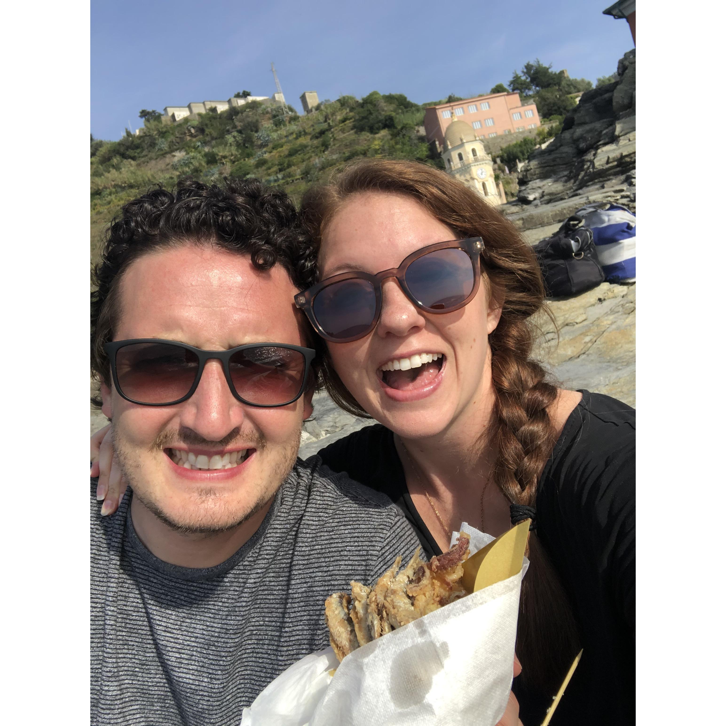Fried fish by the sea. Italy, October 2019.
