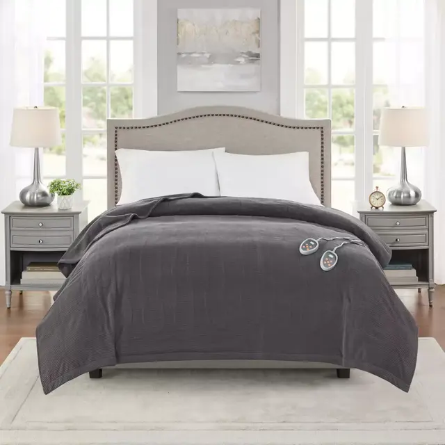 Beautyrest Ribbed Heated Microfleece Queen Heated Blanket in Grey