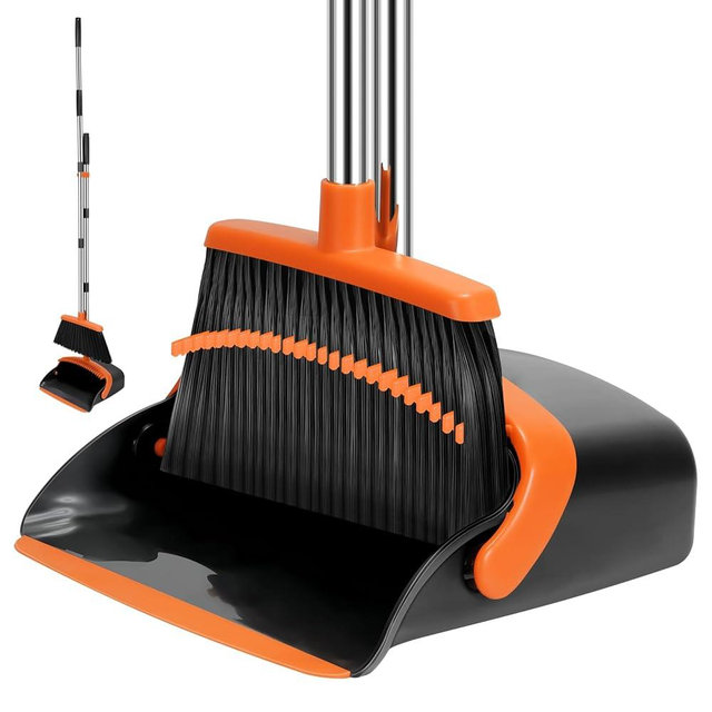 Broom and Dustpan Set, 55-in Long Adjustable Handle Broom with Dustpan Combo Set with Dustpans Teeth to Automatically Clean Hair Suitable for Home Kitchen Office Hall Lobby, Large(Black&Orange)