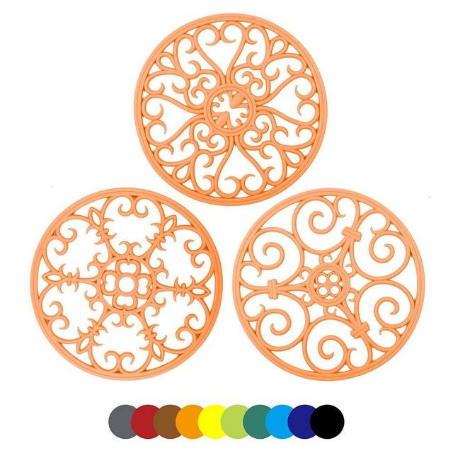 IYYI Silicone Trivet Mat Set of 3 Multi-Use Intricately Carved Hot Pot Trivets for Countertop & Table, Heat Resistant Non Slip Durable Potholder, Kitchen Mat (Orange)