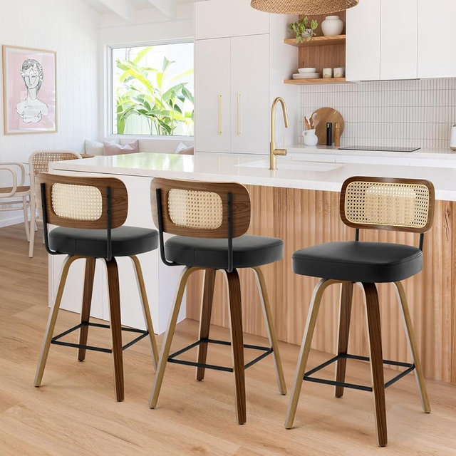 Bekrvio Swivel Counter Height Bar Stools Set of 3, Upholstered Faux Leather Barstools with Rattan Back, 26" Seat Height Bar Chairs for Kitchen Island, Bentwood Wood Frame, Black