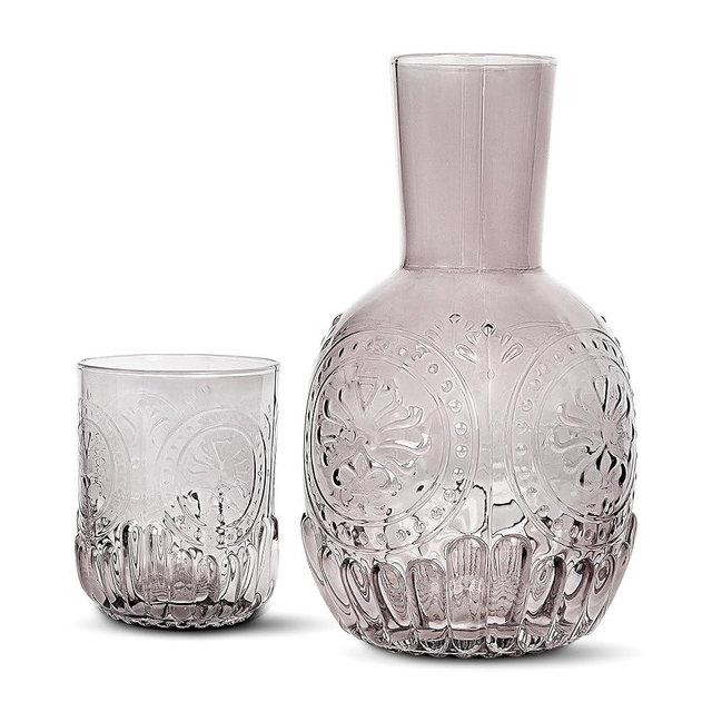 elle decor 2 Pc Carafe Set | Bedside Night Water Carafe | Glass Pitcher and Cup that Doubles as a Lid | Glass Tumbler Perfect for Storing Water, Juice, and Other Drinks on Desktop/Shelf (Gray)