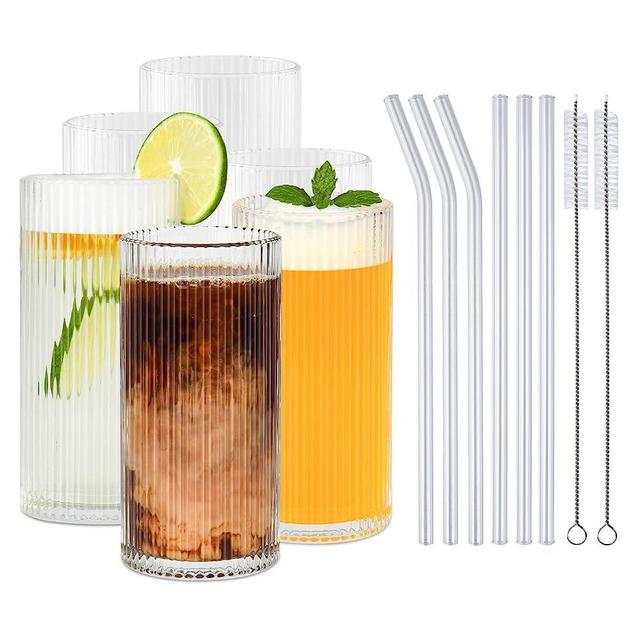 Combler Glass Cups with Straws, Drinking Glasses 12.5oz, Ribbed Glassware Set of 4, Iced Coffee Cup Coffee Bar Accessories Essentials, Glassware