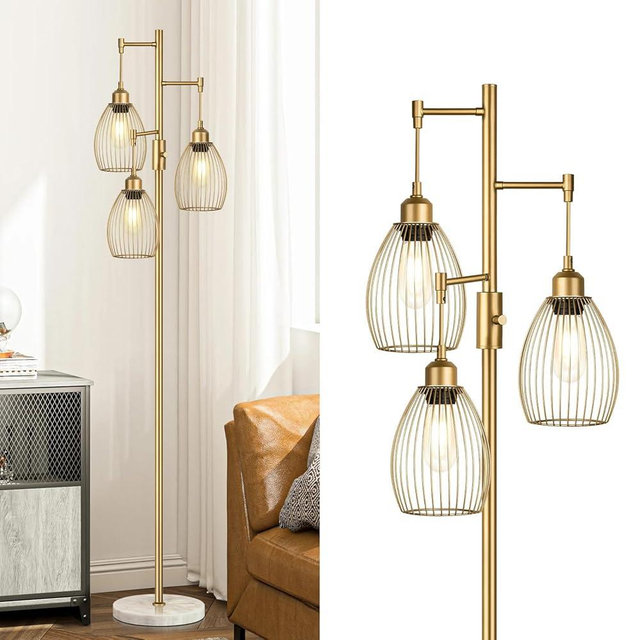 Torondo Dimmable Floor Lamps for Living Room, Industrial Standing Lamp with Marble Base, Gold Tree Tall Pole Light with 3 Elegant Teardrop Cage Head & 800 Lumens LED Bulbs for Bedroom Office