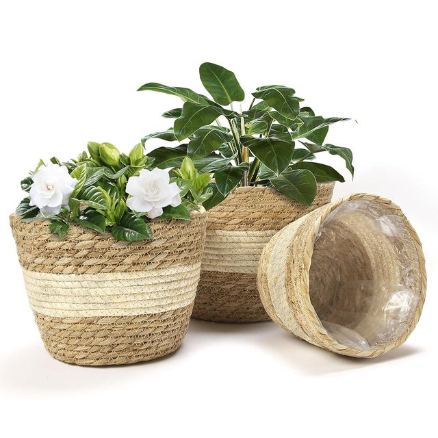 Athaliah Plant Basket, 3 PCS Plant Baskets Indoor with Plastic Liner, Water Hyacinth and Corn Stalk Woven Planters Flower Basket, Planter Basket for Rustic Home Floor Potted Pots Decor