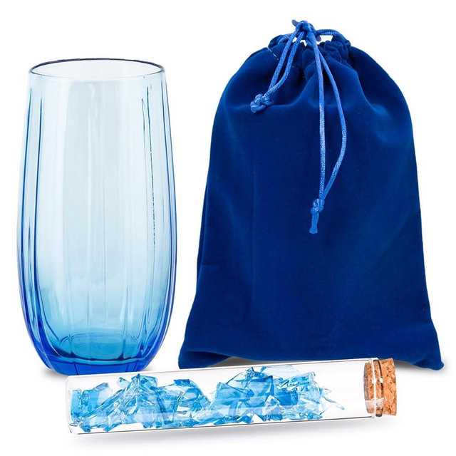 3 PCS Jewish Wedding Breaking Glass Kit – Blue Glass, Velvet Drawstring Bag & Bottle – Traditional Chuppah Ceremony Set for Couples, Mazel Tov Gift