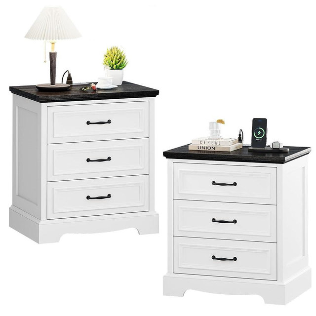 21.7W Farmhouse Nightstand Set of 2 with Charging Station,White End Table with 3 Drawers Storage,Wood Night Stand Side Table,Modern Bedside Cabinet for Bedroom Living Room,Dresser for Small Place (2)