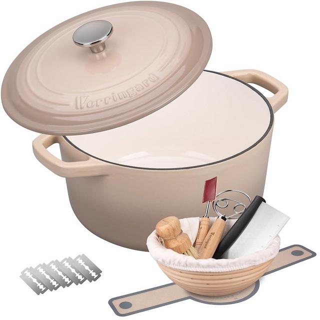VORRINGARD Enameled Cast Iron Dutch Oven Pot with Lid, for Bread Baking, Round Bread Oven- include Sourdough Bread Baking Supplies Set, 4.5QT, Latte
