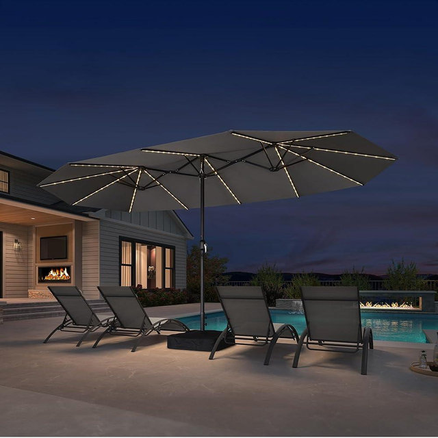 PURPLE LEAF 15ft Patio Market Umbrella with Solar LED and Base Double-Sided Rectangle Outdoor Table Sun Umbrellas with Crank for Pool Beach Deck Backyard Light Gray