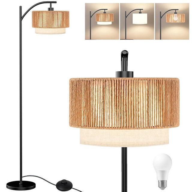 TJOY Floor Lamp for Living Room with 12W LED Bulb, Arc Floor Lamp, 3 Color Temperatures Standing Floor Lamp with Boho Rattan & Fabric Shades for Living Room, Bedroom, Farmhouse, Corner