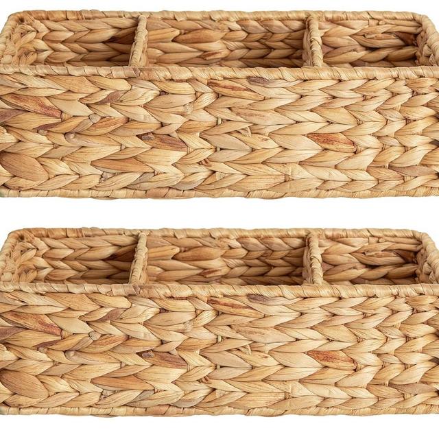 StorageWorks Wicker Toilet Basket Tank Topper, Toilet Paper Basket for Back of Toilet Tank Top, 3-Section Water Hyacinth Storage Baskets, 2-Pack