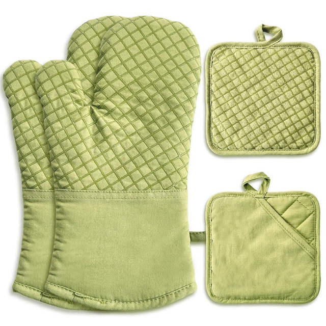 4 Pcs Oven Mitts and Pot Holders,Oven Glove High Heat Resistant 500 Degree,Long Oven Mitts with Recycled Cotton Infill and Silicone Non-Slip Surface for Baking,Kitchen,Cooking(Green)