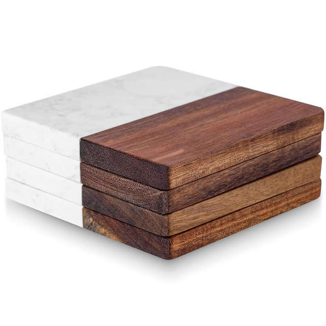 Marble Coasters: 4-Piece Set of Acacia Wood Marble Coasters, Suitable for Kitchens, Offices, and can be Used as Gifts