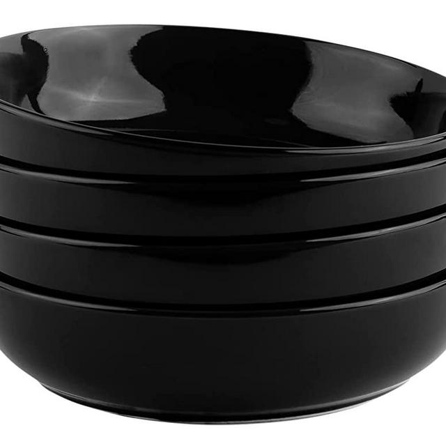 KooK Porcelain Pasta Bowl Set, For Soups and Salads, Serving Bowls, Large Capacity, Microwave & Dishwasher Safe, Set of 4, 40 oz (Black)