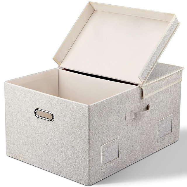 Graciadeco 75 Quart Extra Large Decorative Collapsible Storage Bins with Lids, 1 Pack Beige Stackable Boxes