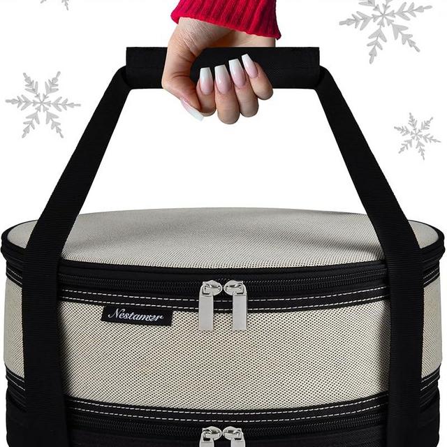 Premium Insulated Round Casserole Carrier & Pie Carrier (12.5" x 6") with Heat-Resistant Mat – Pie Carrier with Lid and Handle – Collapsible Cake and Cheesecake Carrier for Transport [Neutral Beige]