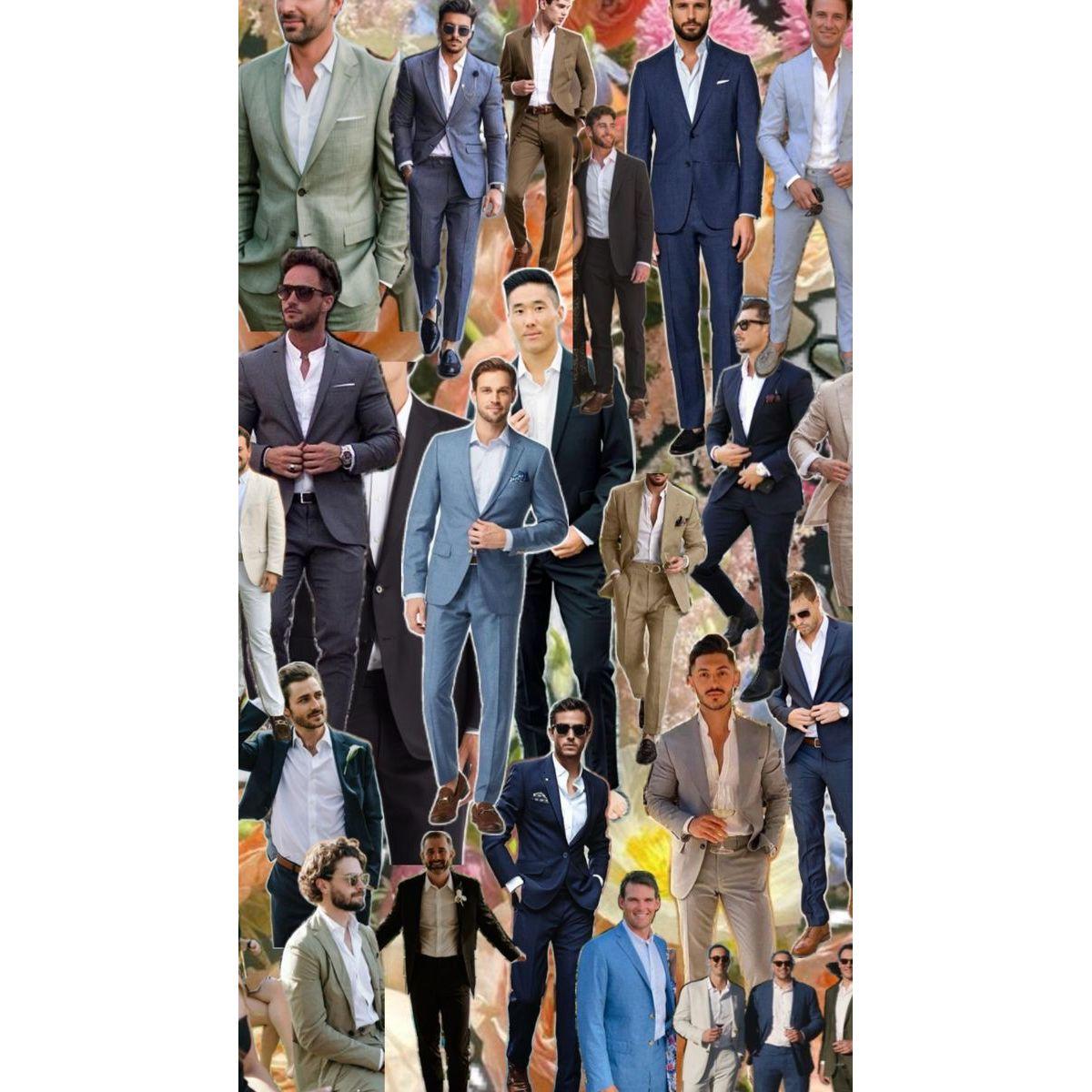 Men's wedding day attire: light-colored suits, no tie needed.