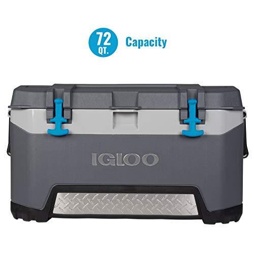 Igloo BMX 72 Quart Cooler with Cool Riser Technology, Fish Ruler, and Tie-Down Points - 18.70 Pounds - Carbonite Gray and Blue