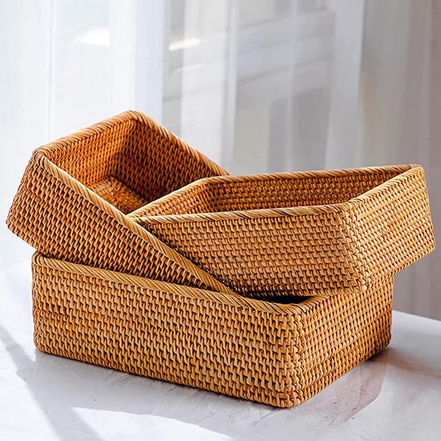 ZENFUN 3 Pack Rectangular Rattan Storage Baskets, Bulk Shallow Wicker Baskets for Decor, Handmade Woven Nesting Bread Baskets for Organizing, Serving, 3 Sizes