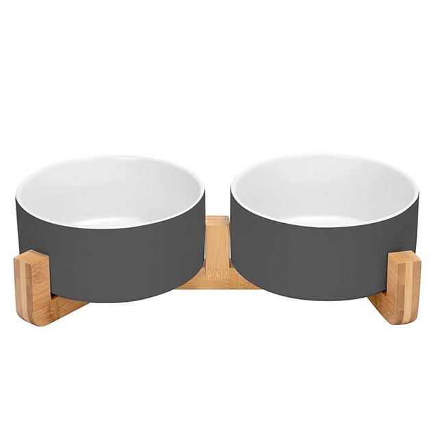 Ceramic Dog and Cat Bowl Set with Wooden Stand, Modern Cute Weighted Food Water Set for Small Size Dogs (13.5OZ ) & Medium Sized Dogs (28.7OZ) & Cats