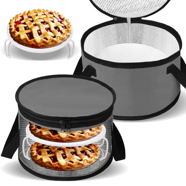 Yaomiao 2 Sets Round Pie Carrier 11 x 7 Inch with Dish Tray Plate Stacker Insulated Casserole Carrier with Lid and Handle Reusable Cooler Thermal Bags for Cold Food for Potluck Picnic (Gray)