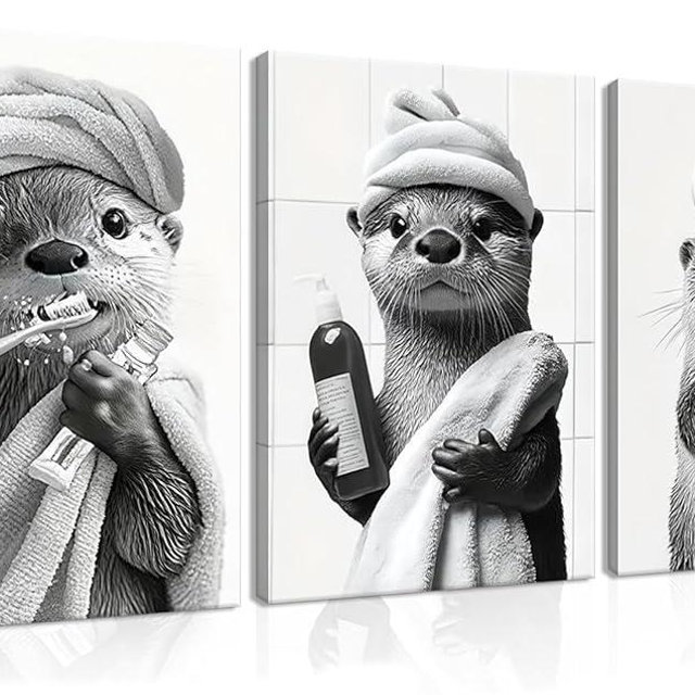 Cute Bathroom Otter Canvas Wall Art Set of 3, Black and White Otter Picture Wall Decor, Funny Painting Print, Farmhouse Humor Animal Art for Bathroom Restroom Decoration Ready to Hang 12x16 inch