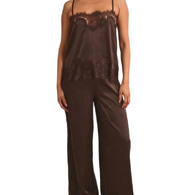 ROAONOCOMO Women Lace Trim Pajama Set Ruffle Babydoll Cami Top Wide Leg Pants Set Silk Satin 2 Piece PJ Lounge Outfit