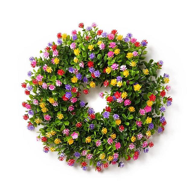 SOONOW Wreaths for Front Door, Artificial Eucalyptus Green Wreath with Colorful Flowers for Spring and Summer Seasons Indoor Outdoor Decor