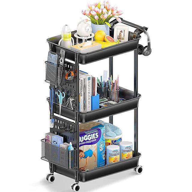ADOVEL 3 Tier Rolling Cart, Utility Carts with Wheels, Removable Storage with DIY Pegboard, Trolley Organizer for Craft, Books, Art, Salon, Office