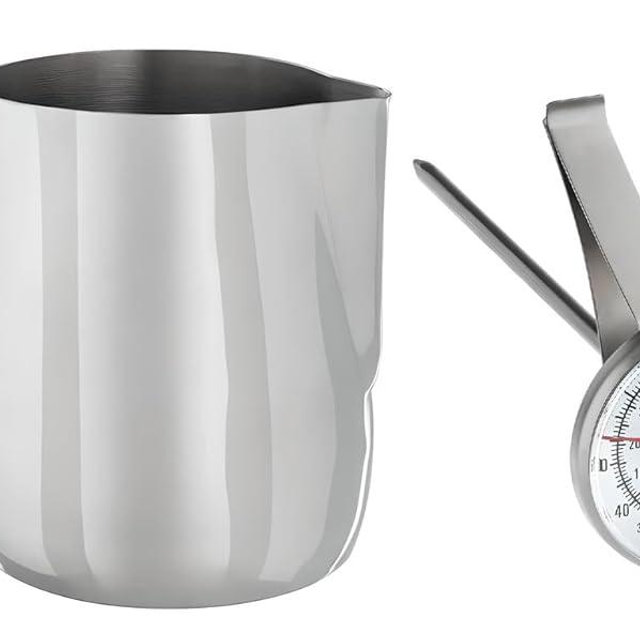 OCS Parts Pro Series Stainless Steel Frothing Pitcher with 8" Frothing Thermometer | 20 Ounce Cup | Commercial Grade Pitchers to Steam and Froth Milk or Cream for Lattes, Cappuccinos and Espressos