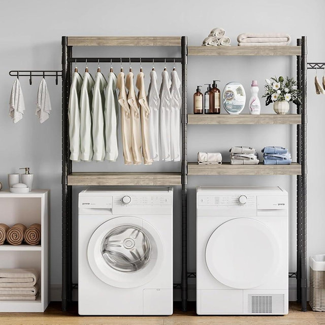 IDEALHOUSE 28" Over-The-Washer Shelf - 5-Tier Heavy Duty Laundry Organizer with Shelf Capacity, Adjustable Height (28"-42"), Double Wood Shelves for Stackable Units (Gray & Black)