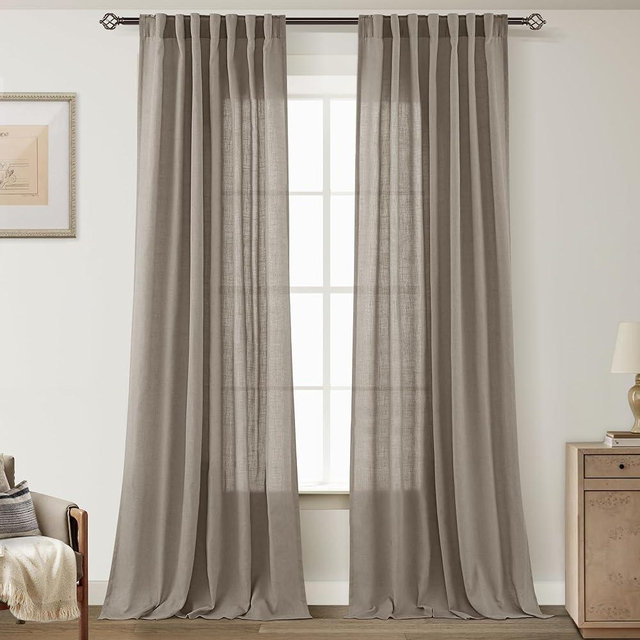 Taupe Linen Curtains 96 inches Long for Living Room Back Tab Rustic Farmhouse Semi Sheer Light Filtering Window Curtain Dining Room Soft Thick Flax Linen Textured Drapes Burlywood Birch Dark Brown