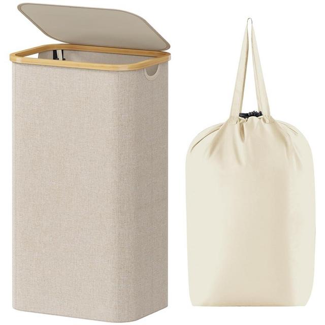 Lifewit 100L Laundry Basket with Lid, Clothes Hampers for Laundry with Bamboo Handles and A Removable Laundry Bag, Large Foldable Laundry Hamper for Bedroom, Bathroom, Dorm, Laundry Room, Beige